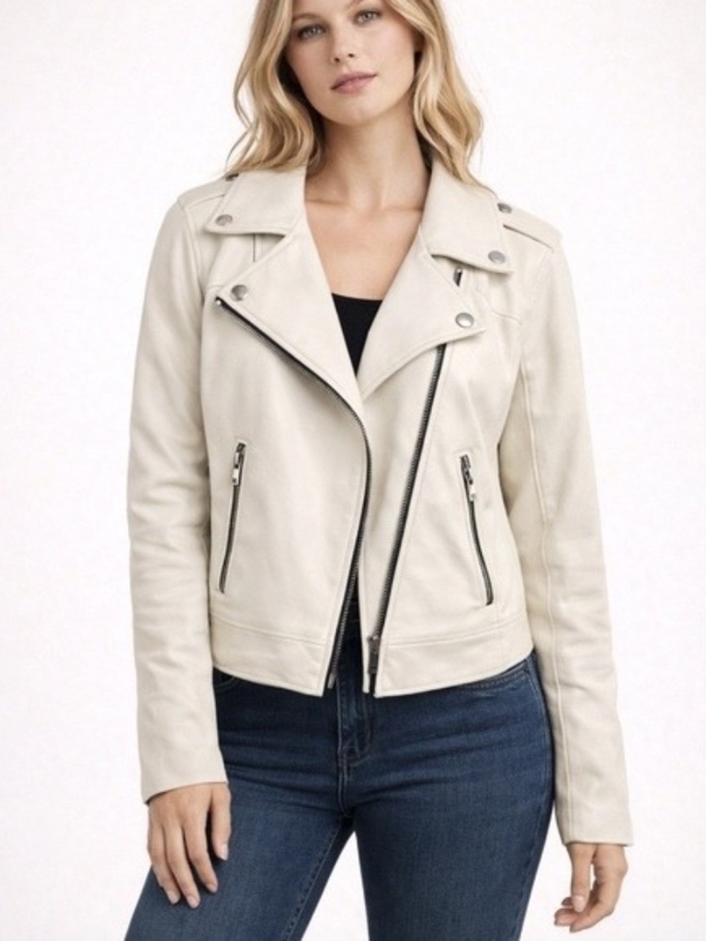 NWOT Banana Republic Leather Moto Jacket,‎ Cream Petite Medium